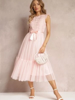 Różowa Taliowana Sukienka z Tiulową Spódnicą i Górą z Koronki Darela elsa.m by may