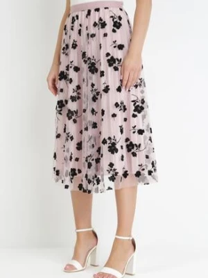 Różowa Tiulowa Spódnica z Welurowym Wzorem w Kwiaty i Gumką w Pasie Iyosi