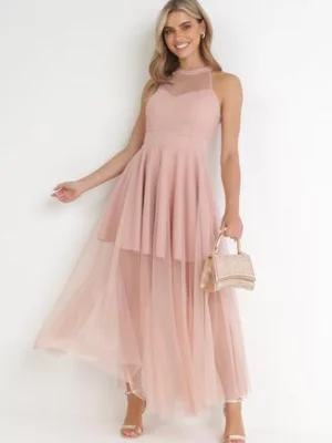 Różowa Tiulowa Sukienka Maxi bez Rękawów z Rozkloszowanym Dołem Aderissa
