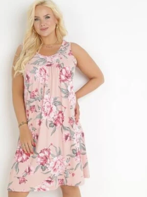 Różowa Trapezowa Sukienka Midi w Kwiaty Lexani