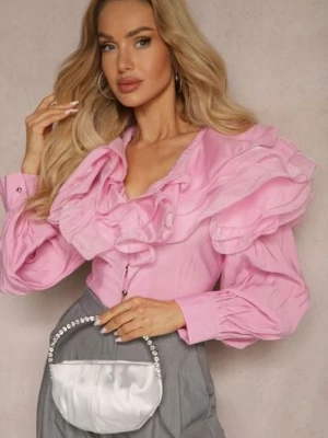 Różowa Wieczorowa Koszula z Ozdobnymi Falbanami i Guzikami Lerellia elsa.m by may