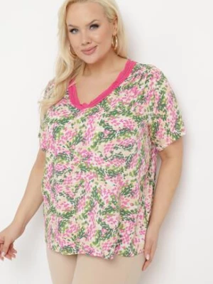 Różowo-Zielona Wiskozowa Bluzka z Krótkim Rękawem i Dekoltem Typu V-Neck Natloza melya by melody