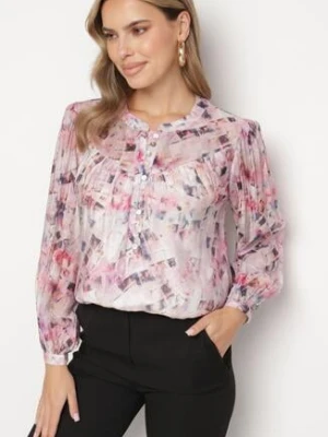 Różowa Wiskozowa Bluzka z Luźnymi Rękawami w Abstrakcyjny Print Nimerissa bibous project