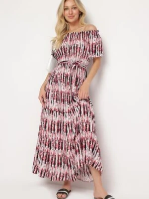 Różowa Wiskozowa Rozkloszowana Sukienka Hiszpanka z Gumką w Pasie i Materiałowym Paskiem Billea cflo