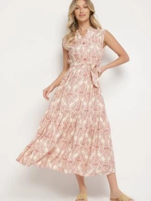 Różowa Wiskozowa Sukienka Bez Rękawów z Wiązanym Paskiem Filimea m&d fashion