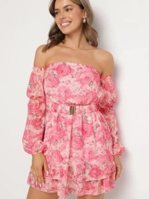 Różowa Wiskozowa Sukienka Hiszpanka z Falbanami i Paskiem w Kwiaty Virmoi lovery