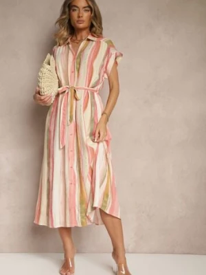 Różowa Wiskozowa Sukienka Koszulowa z Wiązanym Paskiem Iffema unigirl