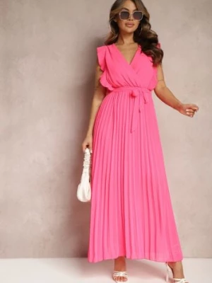 Różowa Wiskozowa Sukienka Maxi z Plisowaniem o Rozkloszowanym Kroju i Kopertowym Dekolcie Fliceris cflo