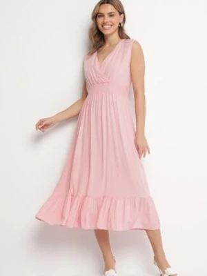 Różowa Wiskozowa Sukienka o Kopertowym Kroju z Falbanką Uliria h&s