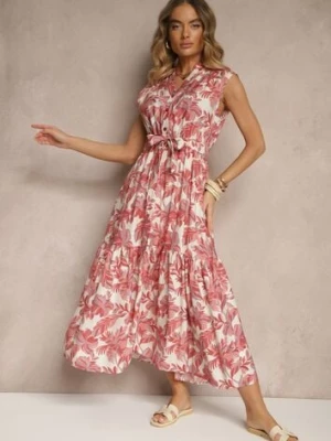 Różowa Wiskozowa Sukienka o Rozkloszowanym Kroju Bez Rękawów z Wiązaniem Revalisse m&d fashion