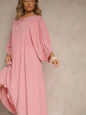 Różowa Wiskozowa Sukienka o Rozkloszowanym Kroju Wiązana przy Dekolcie Tilvessa h&s