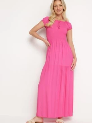 Różowa Wiskozowa Sukienka Typu Hiszpanka z Marszczoną Górą Moalle j&x
