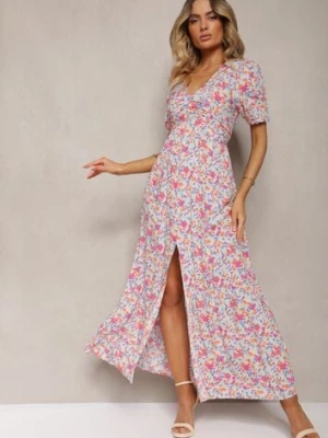 Różowa Wiskozowa Sukienka Wykończona Marszczeniem Rozcięciem na Nogę i Gumką w Pasie Missalene rosa