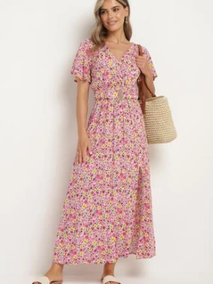 Różowa Wiskozowa Sukienka z Kopertowym Dekoltem i Gumką w Pasie z Paskiem i Rozcięciem Vikama rosa