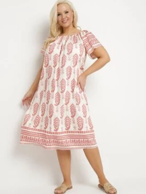 Różowa Wiskozowa Sukienka ze Wzorem Boho Ellivra J&x