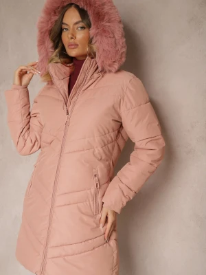 Różowa Zimowa Kurtka z Pikowanymi Przeszyciami i Odpinanym Kapturem z Futrem Jackiala New Collection
