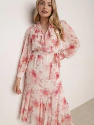 Różowa Zwiewna Sukienka z Długim Rękawem Falbanami i Wiązanym Paskiem Aezera bisou's project
