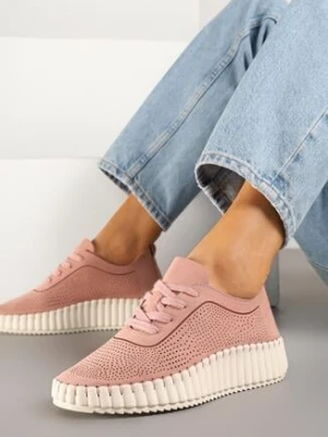 Różowe Ażurowe Sneakersy na Grubej Podeszwie z Tłoczeniem Ronele