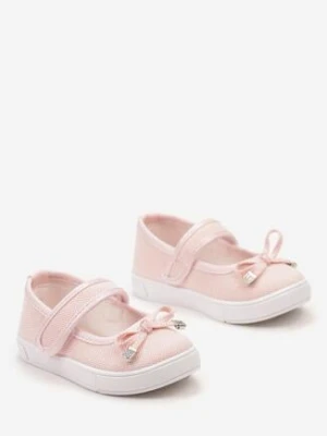 Różowe Balerinki Zapinane na Rzep z Kokardką i Cyrkoniami Vazlira