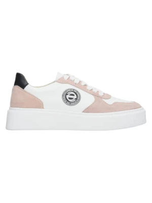 Różowe Białe Skórzane Welurowe Sneakersy Estro