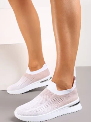 Biało-Różowe Buty Sportowe z Nadrukiem Obmre i Skarpetkową Cholewką Erinevia