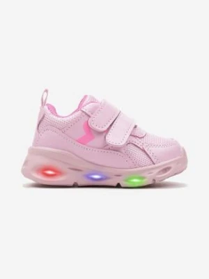 Różowe Buty Sportowe Zapinane na Rzepy na Płaskiej Podeszwie z Lampkami Led Lauracella