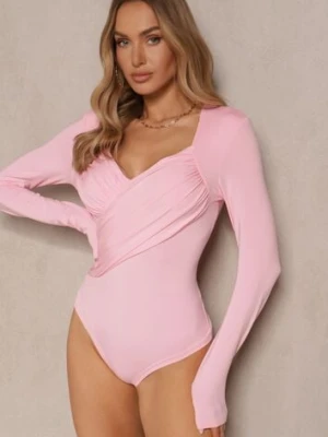 Zdjęcie produktu Różowe Eleganckie Body Longsleeve z Ozdobnym Marszczeniem Zimanya