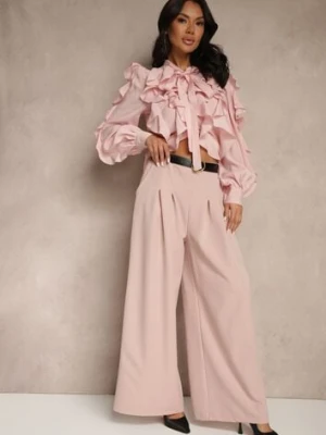 Różowe Eleganckie Szerokie Spodnie Garniturowe z Wiskozą Ozdobione Paskiem Ravinae lovery