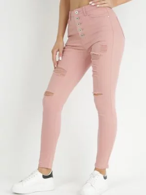 Różowe Jeansy Skinny na Guziki Arru