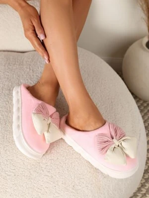 Różowe Kapcie na Płaskiej Podeszwie z Futerkiem i Kokardą Dezilaine
