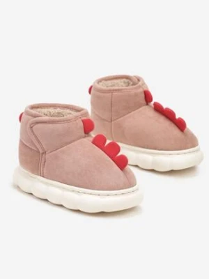 Różowe Kapcie z Imitacji Zamszu na Piankowej Podeszwie z Kolorowym Zdobieniem Ettalie