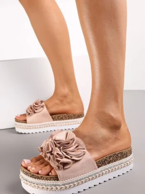 Różowe Klapki na Dekoracyjnej Platformie z Szerokim Paskiem Manilin