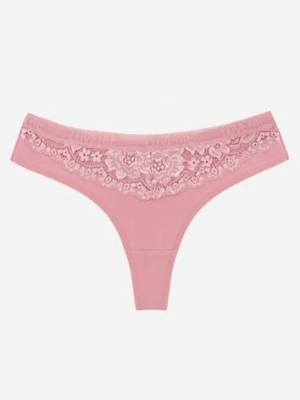 Różowe Majtki Typu Stringi z Bawełną i Koronką Zeliche