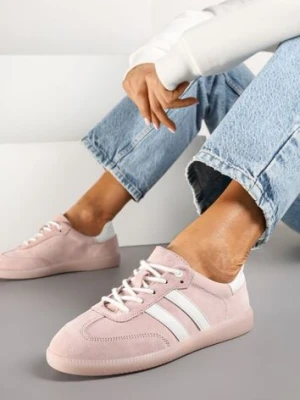 Różowe Płaskie Sneakersy ze Skóry Naturalnej z Ozdobnymi Paskami Nelarielis