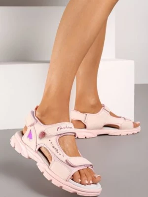 Różowe Płaskie Sportowe Sandały na Rzepy ze Skórzaną Wkładką Dimttana