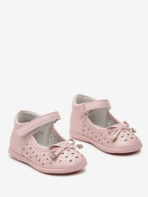 Różowe Półbuty ze Skórzaną Wkładką Zapinane na Rzep z Kokardką Randica