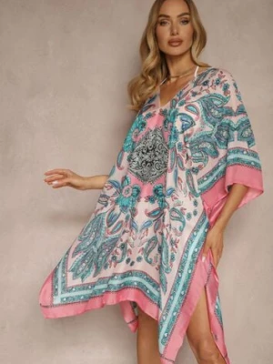 Różowo-Niebieskie Ponczo Narzutka z Wiskozy i Jedwabiu w Stylu Boho Acera