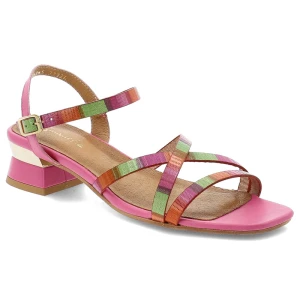 Sandały damskie Maciejka, skórzane na klocku z miękkimi wkładkami i zapinane sprzączką, różowe, 06945-15-00-1