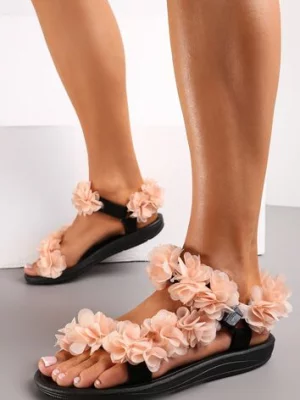 Czarno-Beżowe Sandały z Rzepem i Aplikacją z Kwiatów Dytia
