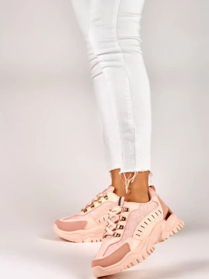 Różowe sneakersy damskie ze złotymi dodatkami Merg
