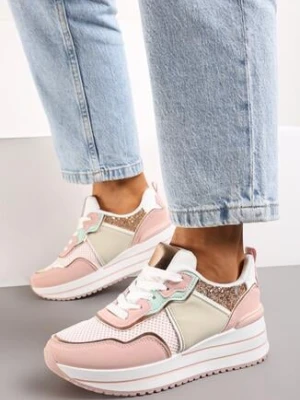 Różowe Sneakersy na Grubej Podeszwie Ozdobione Brokatem Petasse