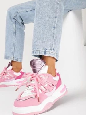 Różowe Sneakersy na Grubej Podeszwie z Kolorowymi i Metalicznymi Wstawkami Ecastia