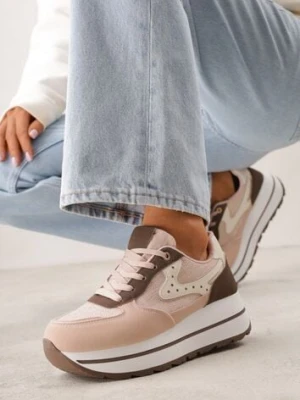 Różowe Sneakersy na Platformie z Tweedowym Zdobieniem i Perforacją Dioseleia be.sport