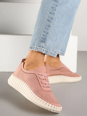 Różowe Sneakersy na Tłoczonej Platformie z Ażurową Cholewką Ronfira Super Mode