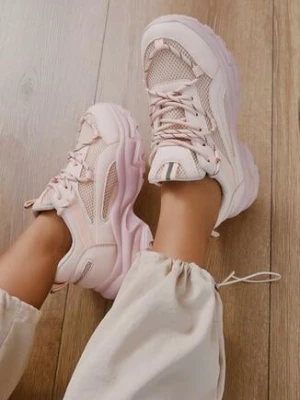 Różowe Sneakersy na Tłoczonej Podeszwie z Ozdobnym Sznurowaniem i Wstawkami z Siateczki Xerxia