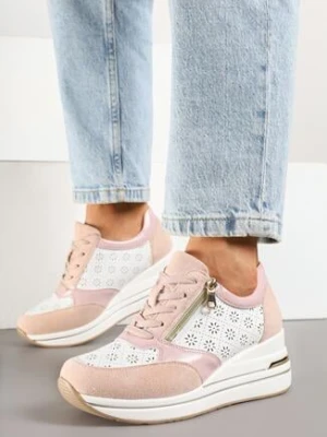 Różowe Sneakersy na Ukrytym Koturnie z Ozdobnym Suwakiem i Ażurowym Wzorem Reladia