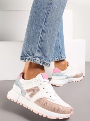 Biało-Beżowe Sneakersy Ozdobione Cyrkoniami na Podeszwie z Wycięciami Larzive