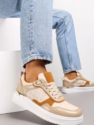 Beżowe Sneakersy Ozdobione Wstawką z Tweedowego Materiału Saini