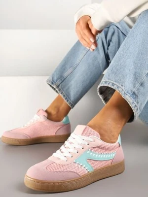 Różowe Sneakersy w Stylu Klasycznych Tenisówek Zdobione Przeszyciami i Tweedem Koriznne