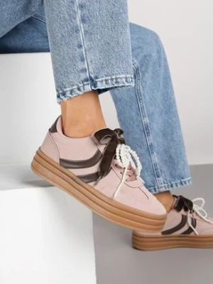 Różowe Sneakersy w Stylu Tenisówek na Grubej Podeszwie z Tłoczeniem i Perłami Asortte